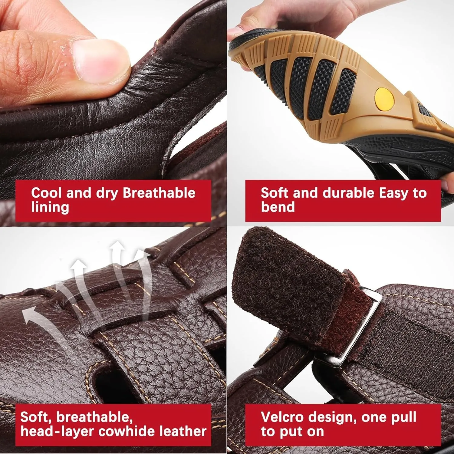 Men's Retro Head Oxford Shoes Beach Shoes Cowhide Upper Sticky Open Toe Sandals, Waterproof Comfortable Non-Slip Hook & Loop Beach Water