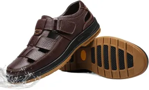 Men's Retro Head Oxford Shoes Beach Shoes Cowhide Upper Sticky Open Toe Sandals, Waterproof Comfortable Non-Slip Hook & Loop Beach Water