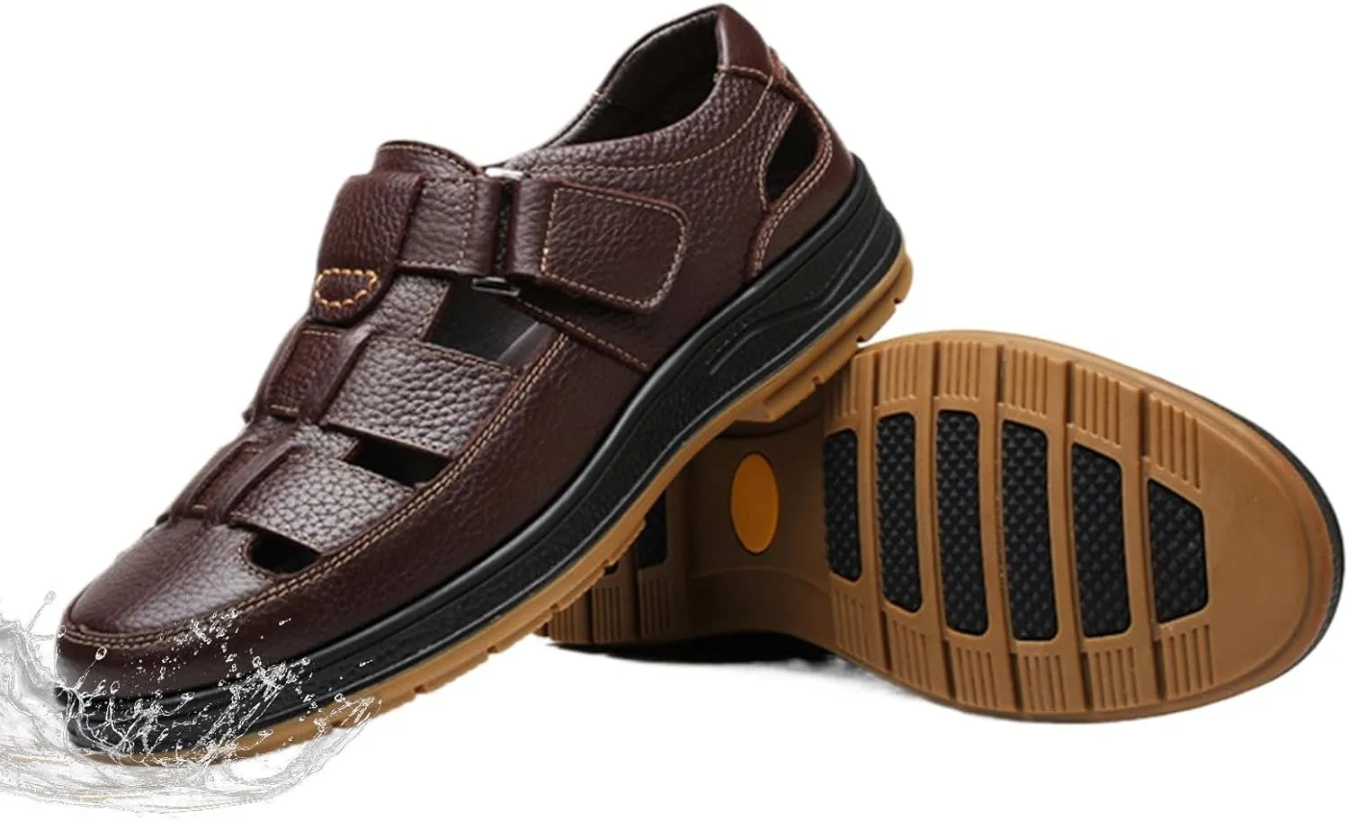 Men's Retro Head Oxford Shoes Beach Shoes Cowhide Upper Sticky Open Toe Sandals, Waterproof Comfortable Non-Slip Hook & Loop Beach Water