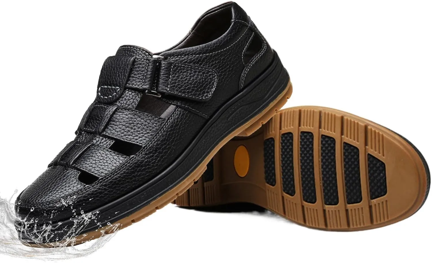 Men's Retro Head Oxford Shoes Beach Shoes Cowhide Upper Sticky Open Toe Sandals, Waterproof Comfortable Non-Slip Hook & Loop Beach Water