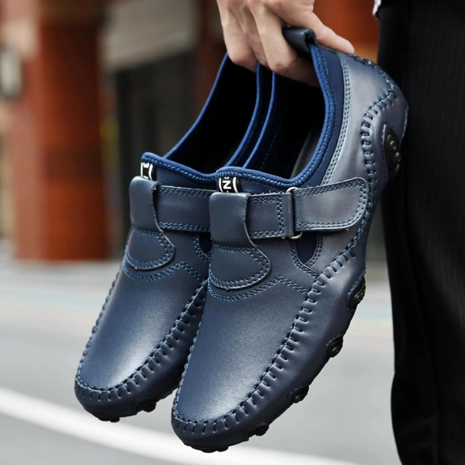 Men's Slip-On Leather Loafers with Adjustable Stickers Lightweight&Soft Round Toe Penny Loafers Low-Top Flats Moccasin Boat Shoes for Driving Walking