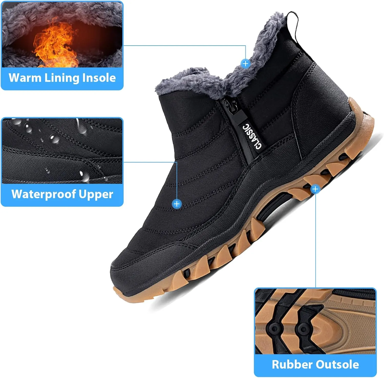 Men's Snow Boots Lightweight Waterproof Winter Boots Fur Lined Anti-slip Cold Weather Shoes Winter Trekking Warm Ankle Boots