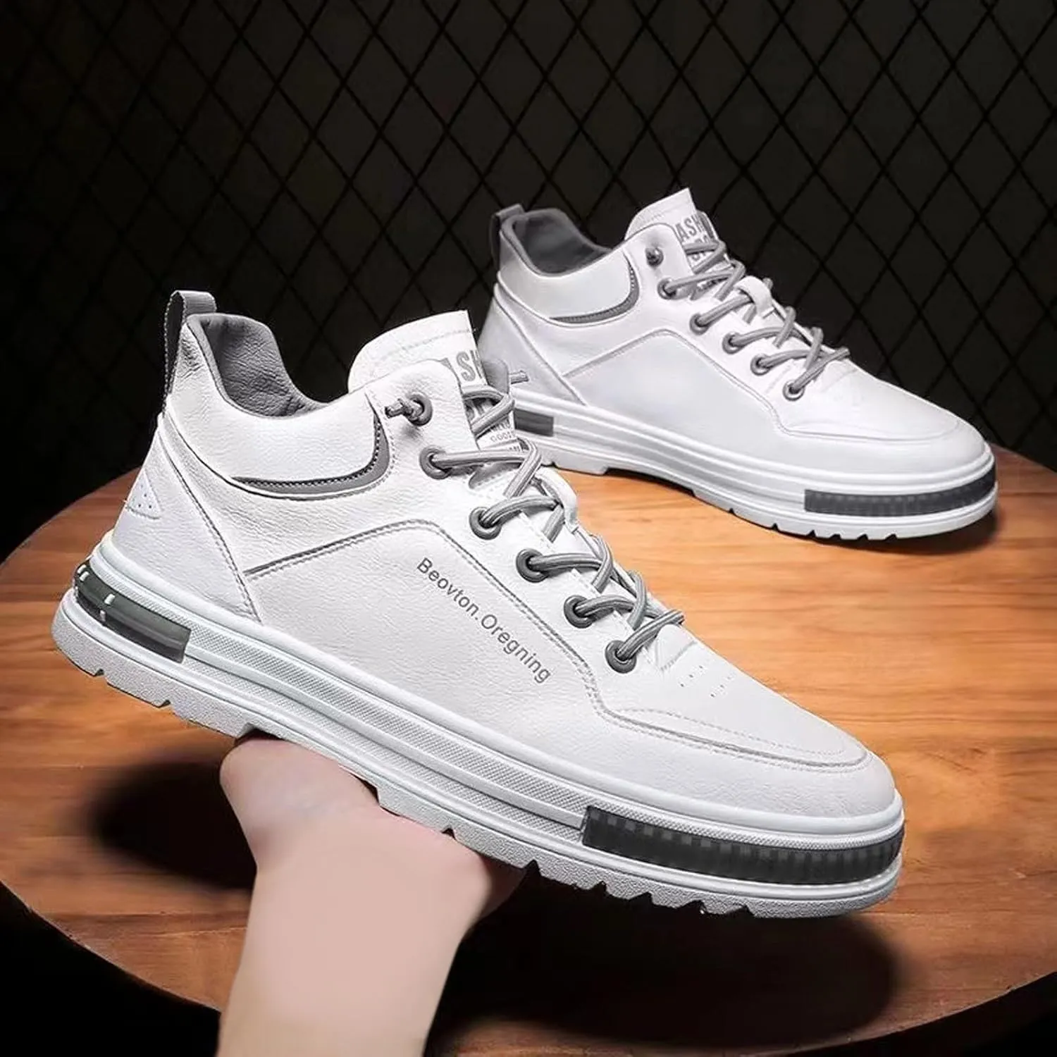 Men's Solid Color Casual Flat Leather Shoes Fashion Lace Up Loafers Sneaker Crease Shield Men Shoes