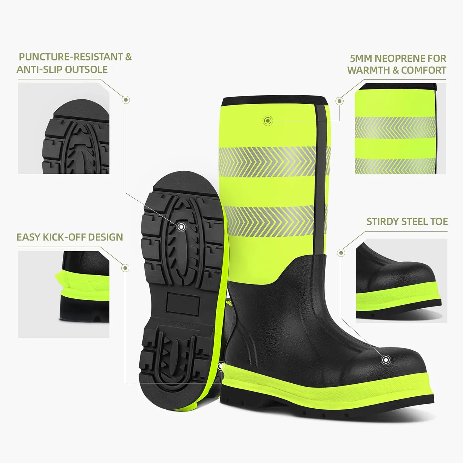 Men's Steel Toe Muck Work Boots – Reflective, Puncture Proof, Oil & Slip Resistant, Rubber & Neoprene, Breathable Safety Boots for Construction, Roadwork, Industrial & Heavy Duty