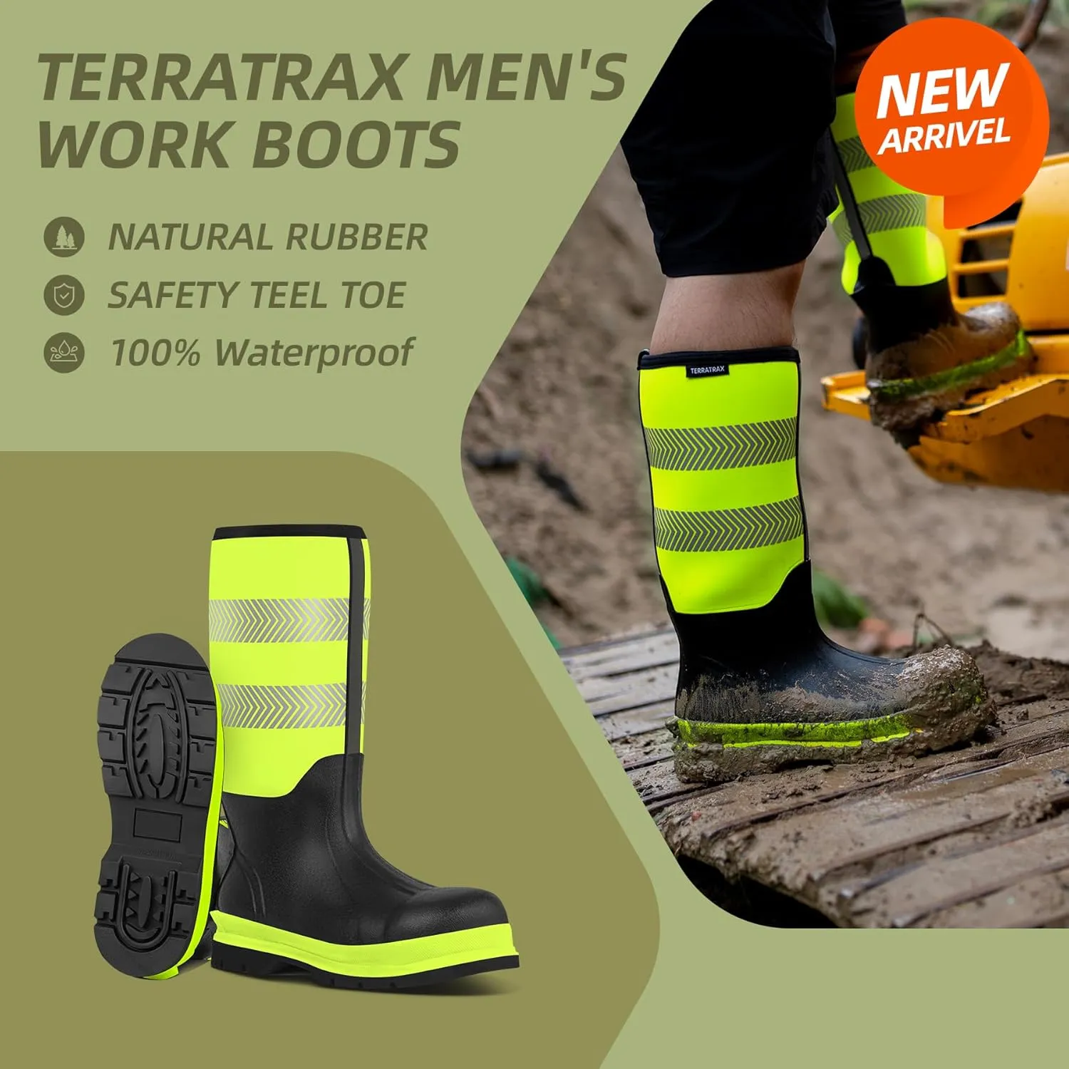 Men's Steel Toe Muck Work Boots – Reflective, Puncture Proof, Oil & Slip Resistant, Rubber & Neoprene, Breathable Safety Boots for Construction, Roadwork, Industrial & Heavy Duty