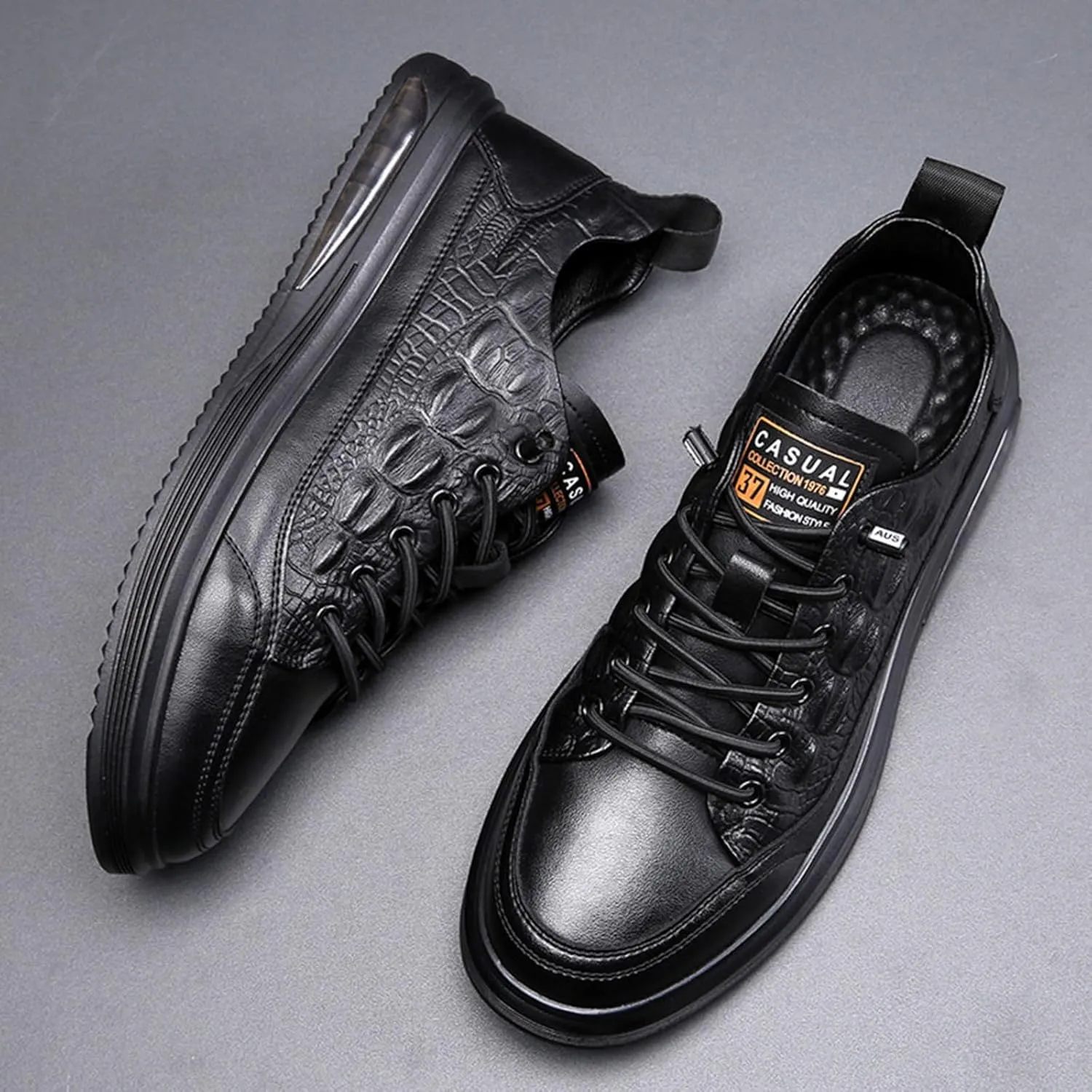 Men's Stylish Leather Croccrocodile Sneakers,Casual Air Cushion Soft Sole Walking Shoes Comfortable Lace-Up Waterproof Work Shoes