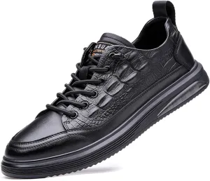 Men's Stylish Leather Croccrocodile Sneakers,Casual Air Cushion Soft Sole Walking Shoes Comfortable Lace-Up Waterproof Work Shoes