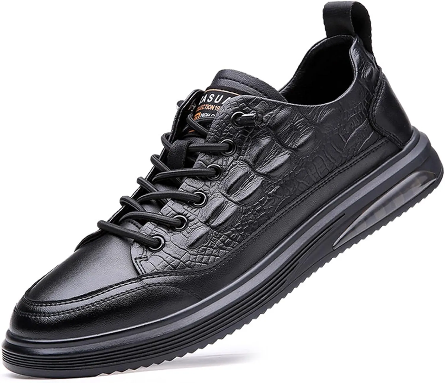 Men's Stylish Leather Croccrocodile Sneakers,Casual Air Cushion Soft Sole Walking Shoes Comfortable Lace-Up Waterproof Work Shoes