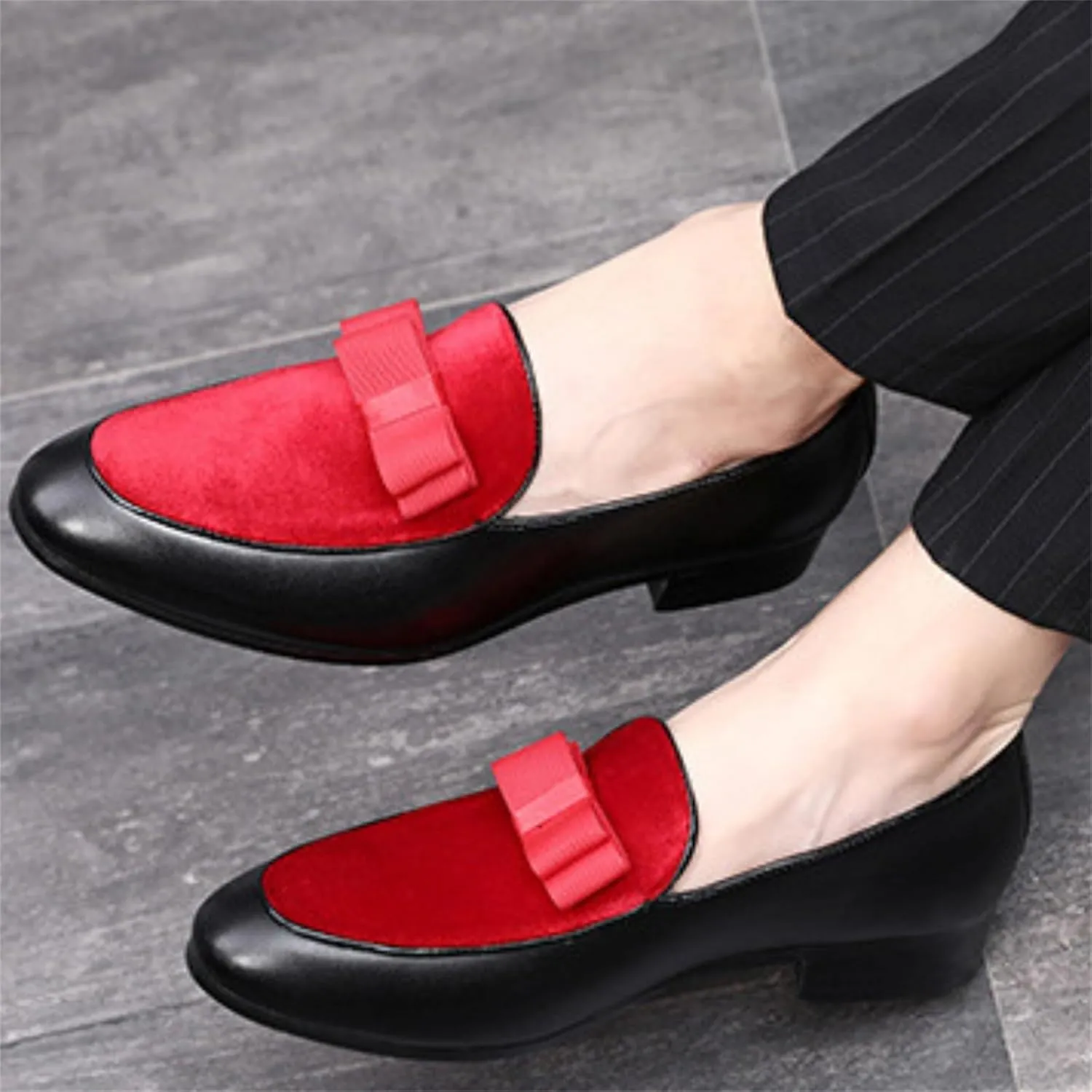Mens Suede Leather Bowtie Slip On Dress Loafers Retro Two Tone Tuxedo Penny Shoes for Formal Business Dress Wedding
