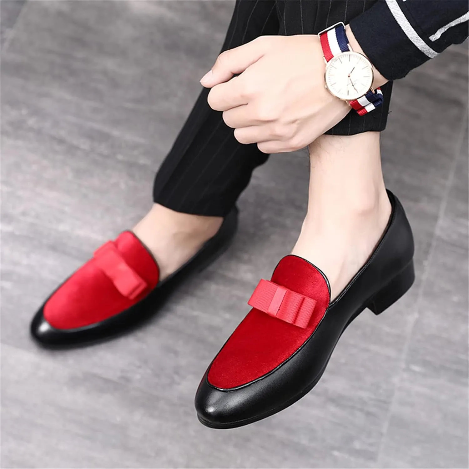 Mens Suede Leather Bowtie Slip On Dress Loafers Retro Two Tone Tuxedo Penny Shoes for Formal Business Dress Wedding