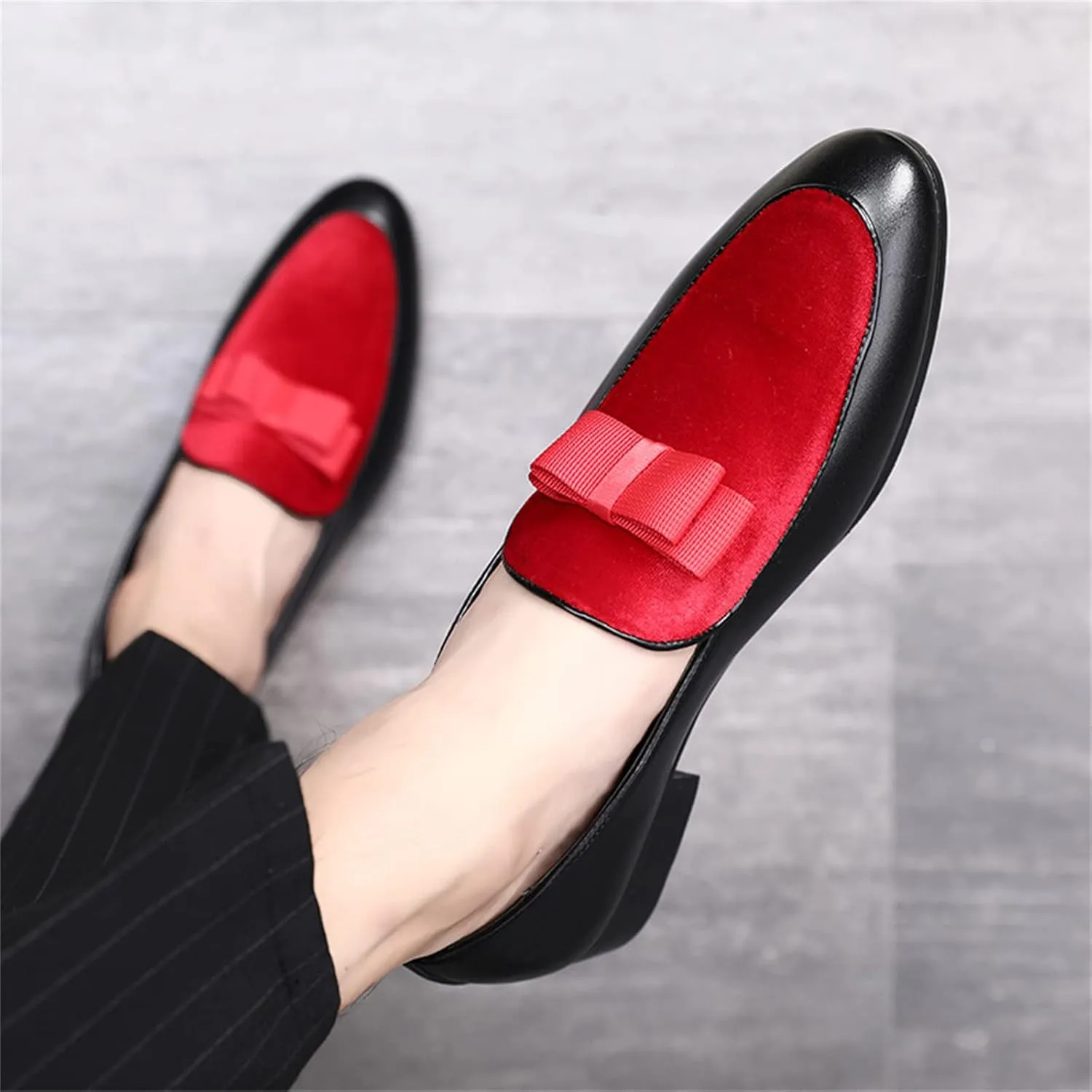 Mens Suede Leather Bowtie Slip On Dress Loafers Retro Two Tone Tuxedo Penny Shoes for Formal Business Dress Wedding