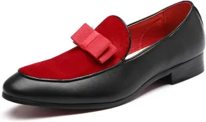 Mens Suede Leather Bowtie Slip On Dress Loafers Retro Two Tone Tuxedo Penny Shoes for Formal Business Dress Wedding