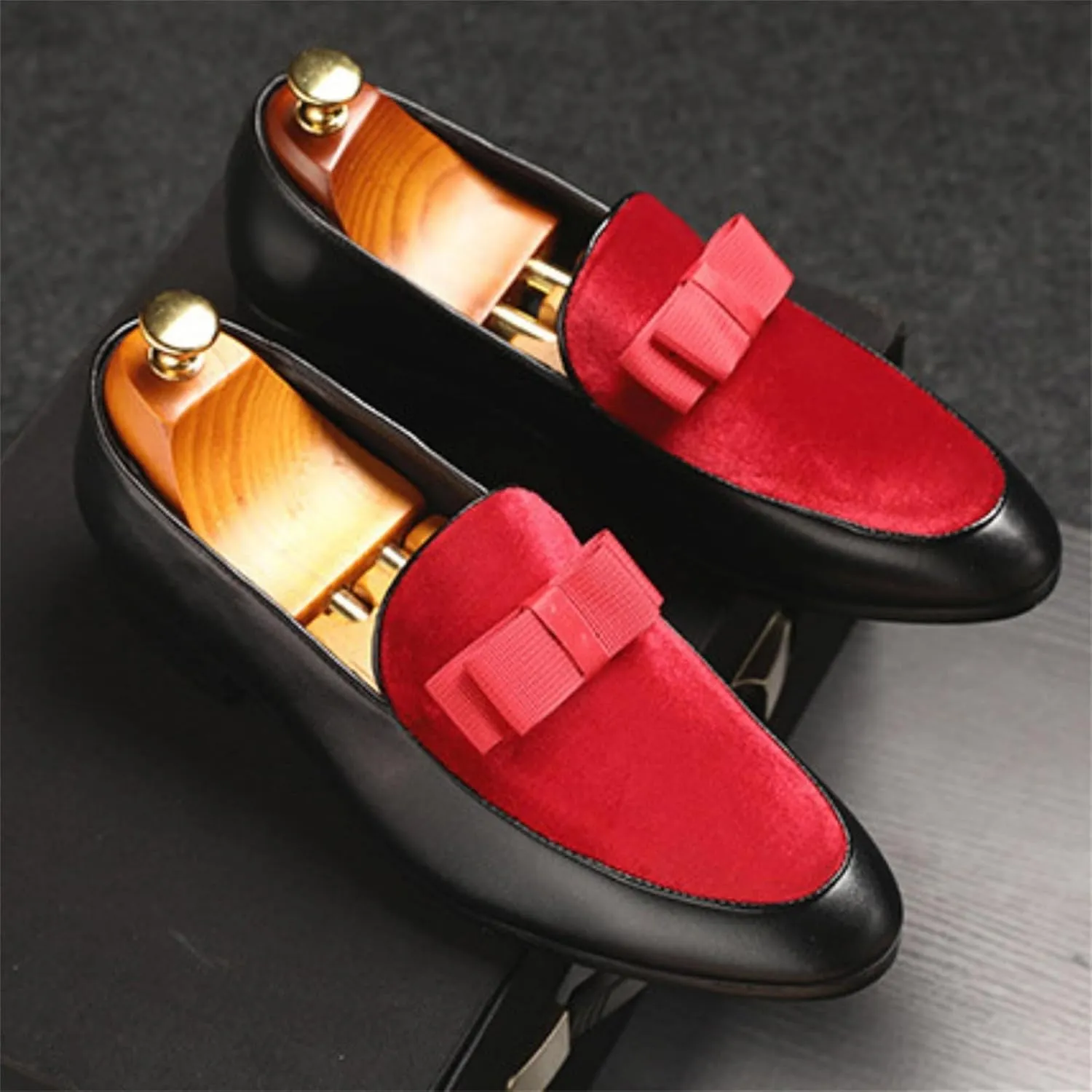 Mens Suede Leather Bowtie Slip On Dress Loafers Retro Two Tone Tuxedo Penny Shoes for Formal Business Dress Wedding