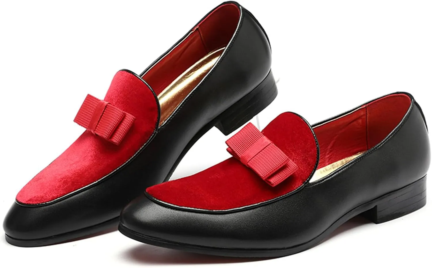 Mens Suede Leather Bowtie Slip On Dress Loafers Retro Two Tone Tuxedo Penny Shoes for Formal Business Dress Wedding