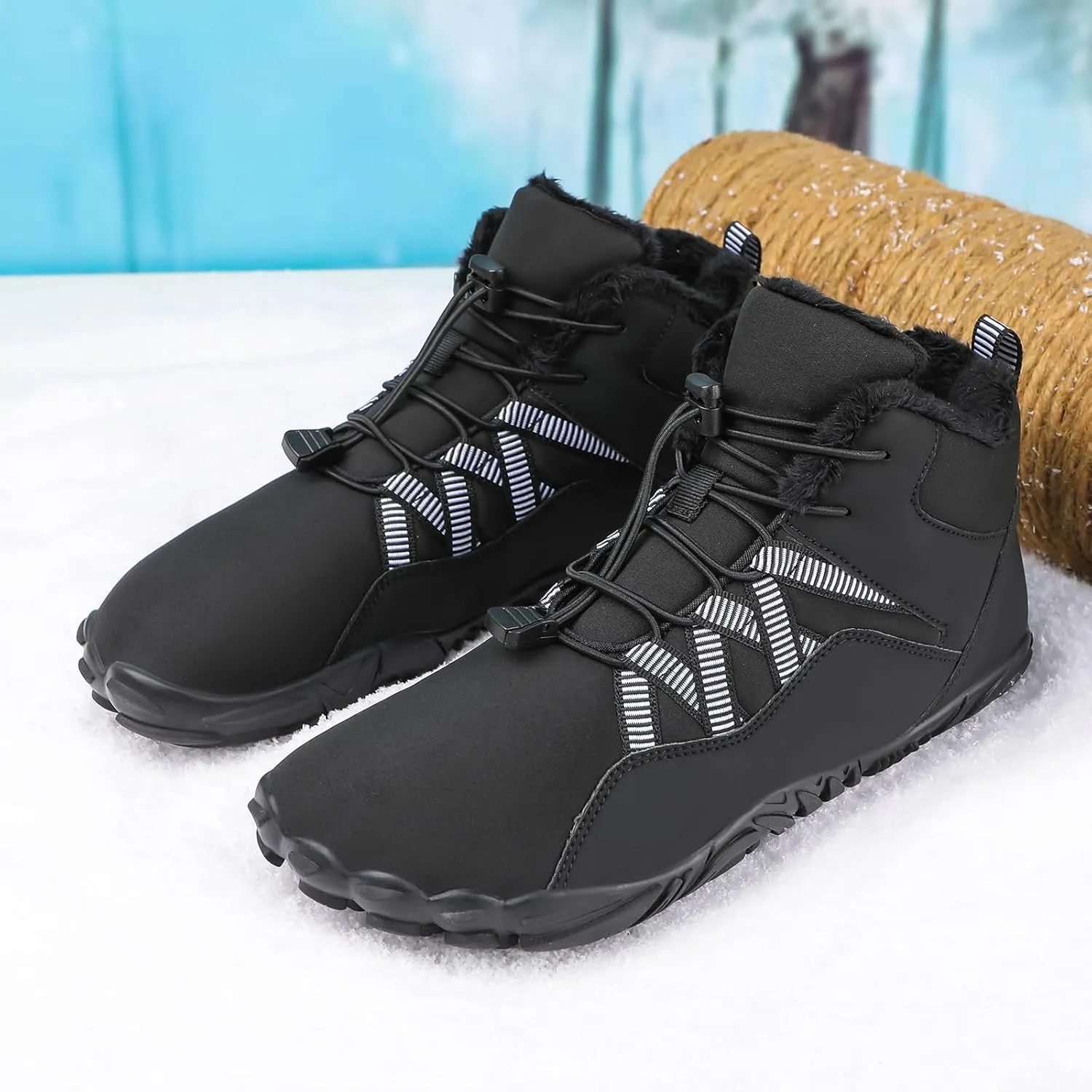 Mens Winter Barefoot Hiking Boots Slip-On Warm Zero Drop Snow Boots with Wide Toe Box Ankle Bootie Cut Minimalist Waterproof Five-Finger Sneakers for Hiking Walking Outdoor Adventures Unisex Design