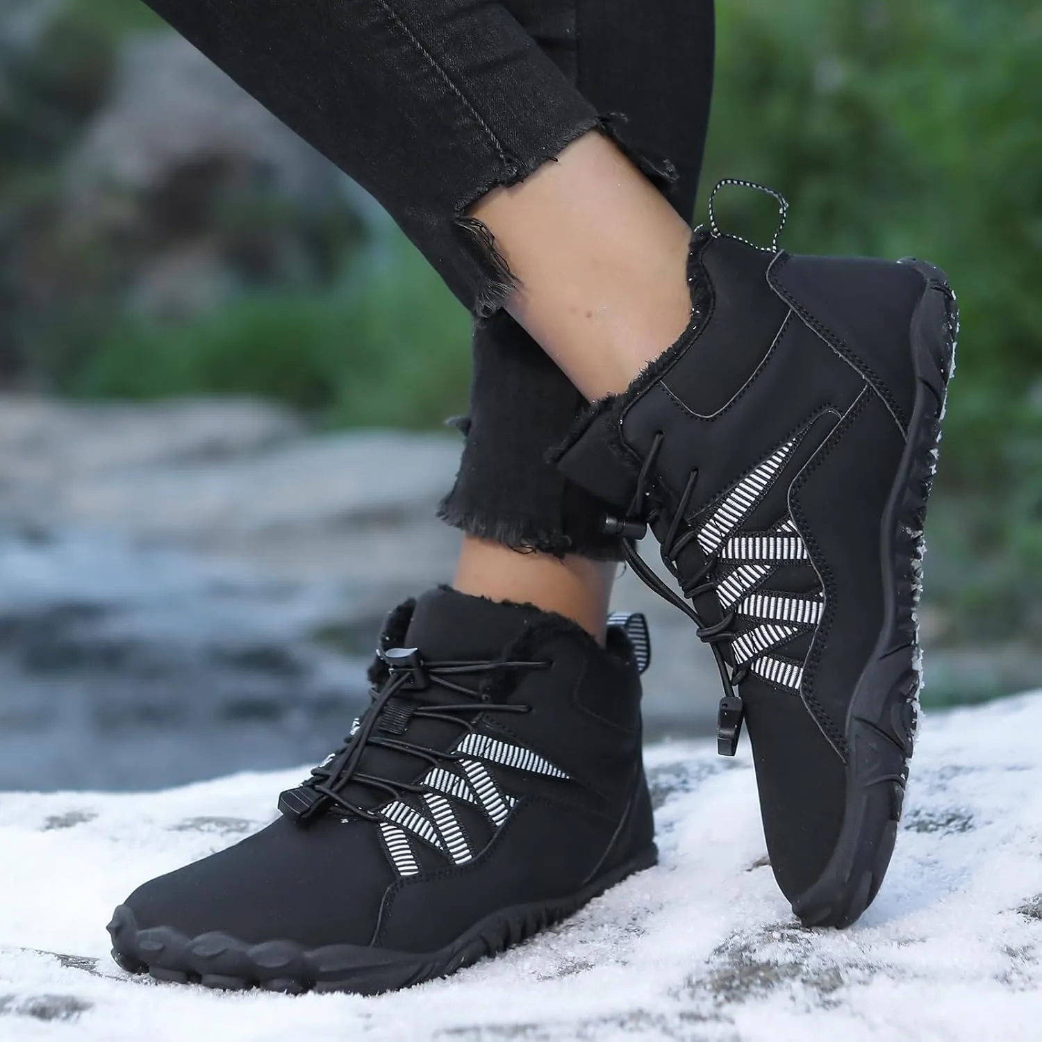 Mens Winter Barefoot Hiking Boots Slip-On Warm Zero Drop Snow Boots with Wide Toe Box Ankle Bootie Cut Minimalist Waterproof Five-Finger Sneakers for Hiking Walking Outdoor Adventures Unisex Design