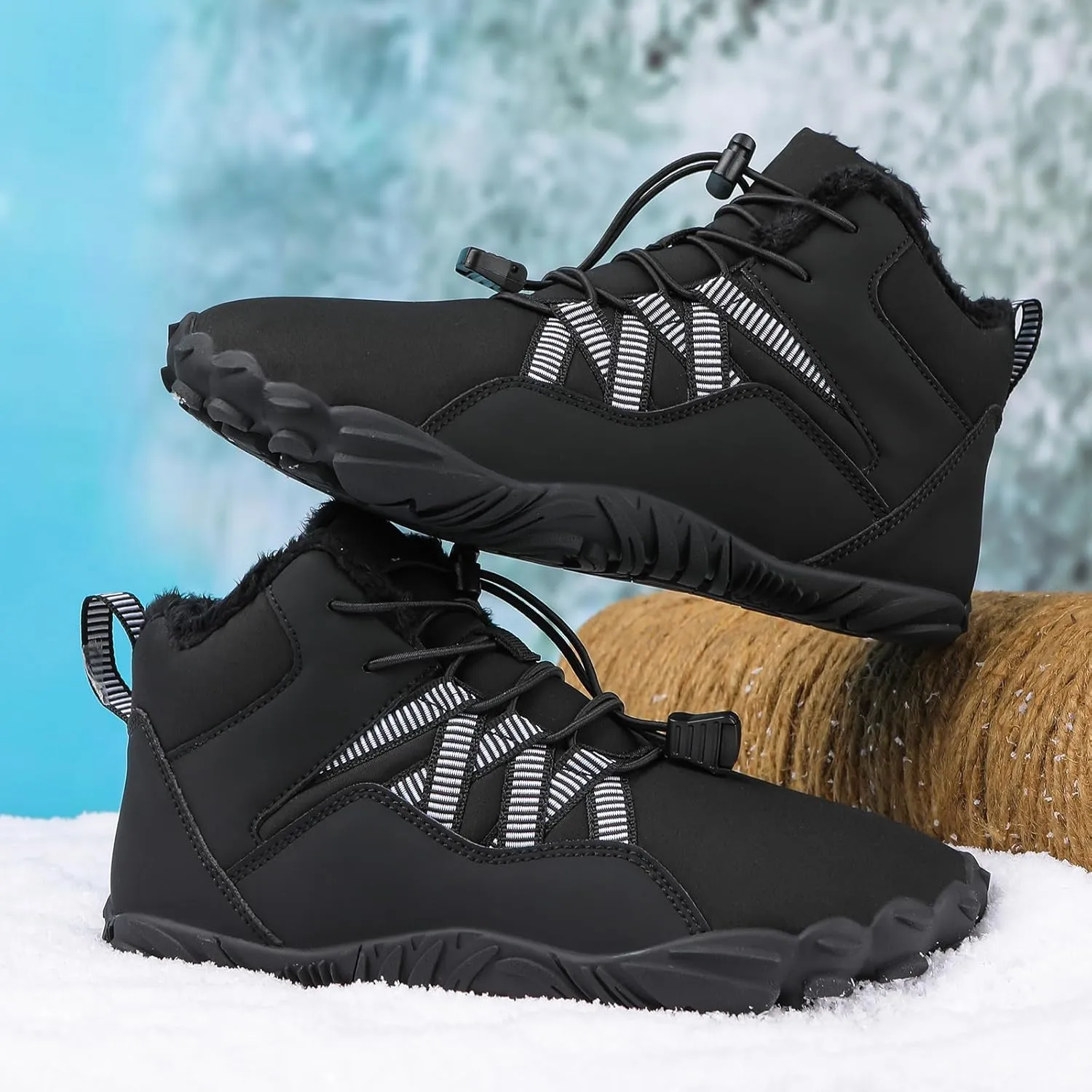 Mens Winter Barefoot Hiking Boots Slip-On Warm Zero Drop Snow Boots with Wide Toe Box Ankle Bootie Cut Minimalist Waterproof Five-Finger Sneakers for Hiking Walking Outdoor Adventures Unisex Design