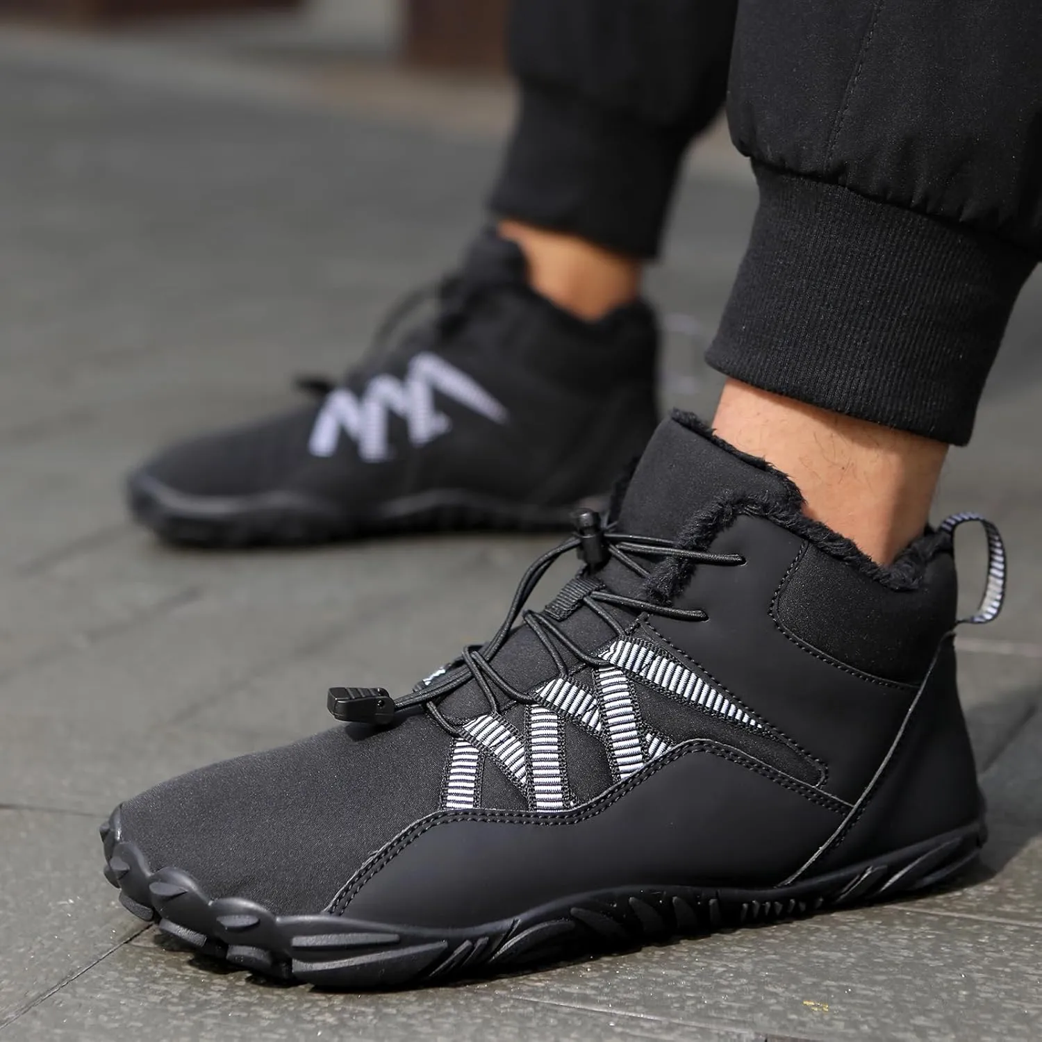 Mens Winter Barefoot Hiking Boots Slip-On Warm Zero Drop Snow Boots with Wide Toe Box Ankle Bootie Cut Minimalist Waterproof Five-Finger Sneakers for Hiking Walking Outdoor Adventures Unisex Design