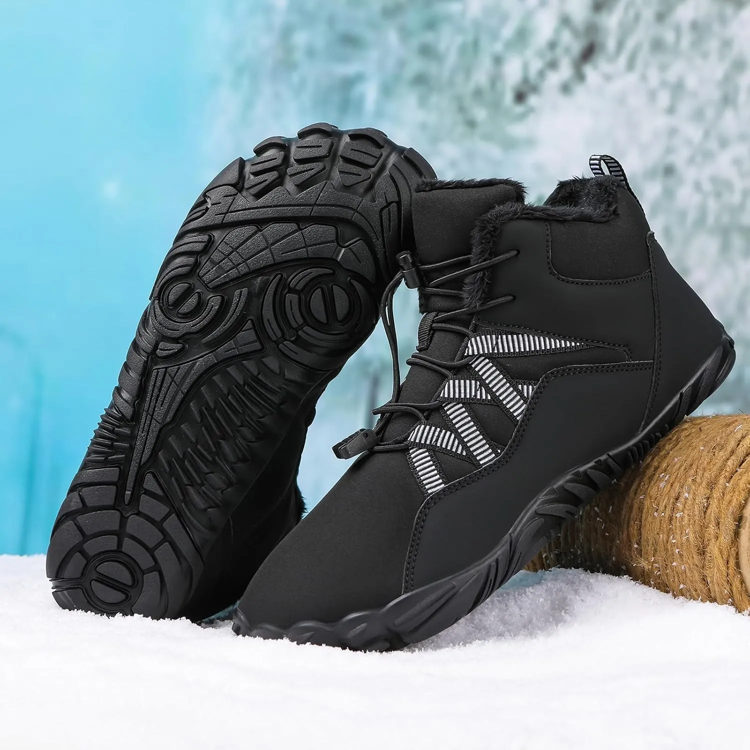 Mens Winter Barefoot Hiking Boots Slip-On Warm Zero Drop Snow Boots with Wide Toe Box Ankle Bootie Cut Minimalist Waterproof Five-Finger Sneakers for Hiking Walking Outdoor Adventures Unisex Design