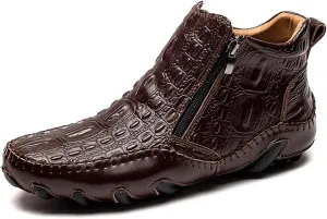 Mens Winter Chelsea Boots Side Zipper Ankle Dress Formal Boots Fashion Crocodile Pattern Outdoor Non-Slip High-Top Fur Lined Ankle Boots For Men