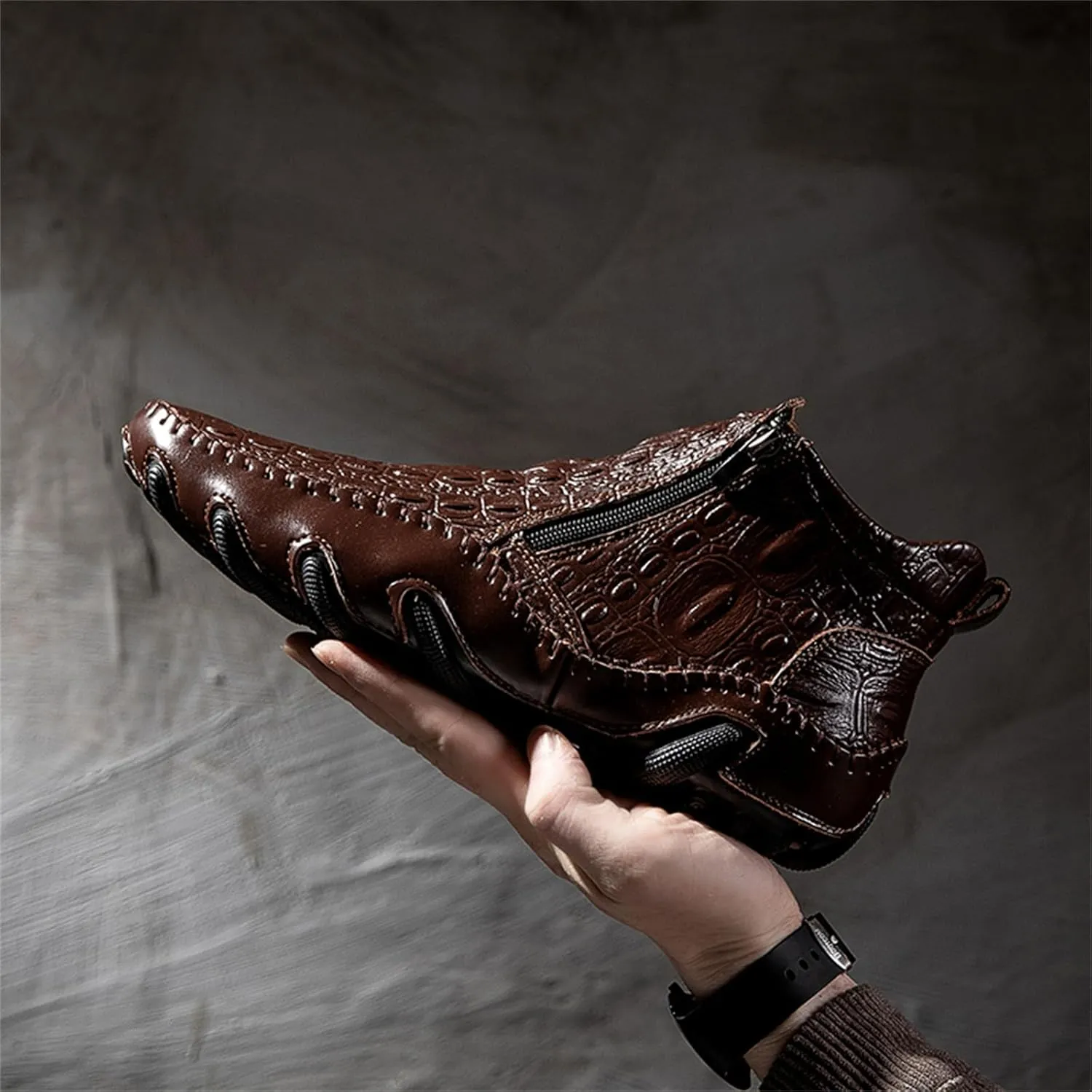 Mens Winter Chelsea Boots Side Zipper Ankle Dress Formal Boots Fashion Crocodile Pattern Outdoor Non-Slip High-Top Fur Lined Ankle Boots For Men