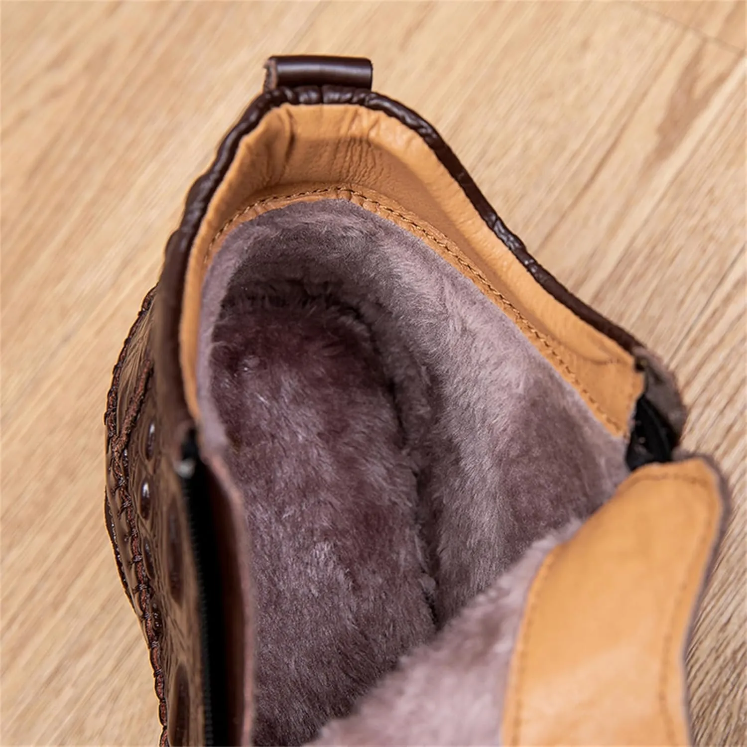 Mens Winter Chelsea Boots Side Zipper Ankle Dress Formal Boots Fashion Crocodile Pattern Outdoor Non-Slip High-Top Fur Lined Ankle Boots For Men