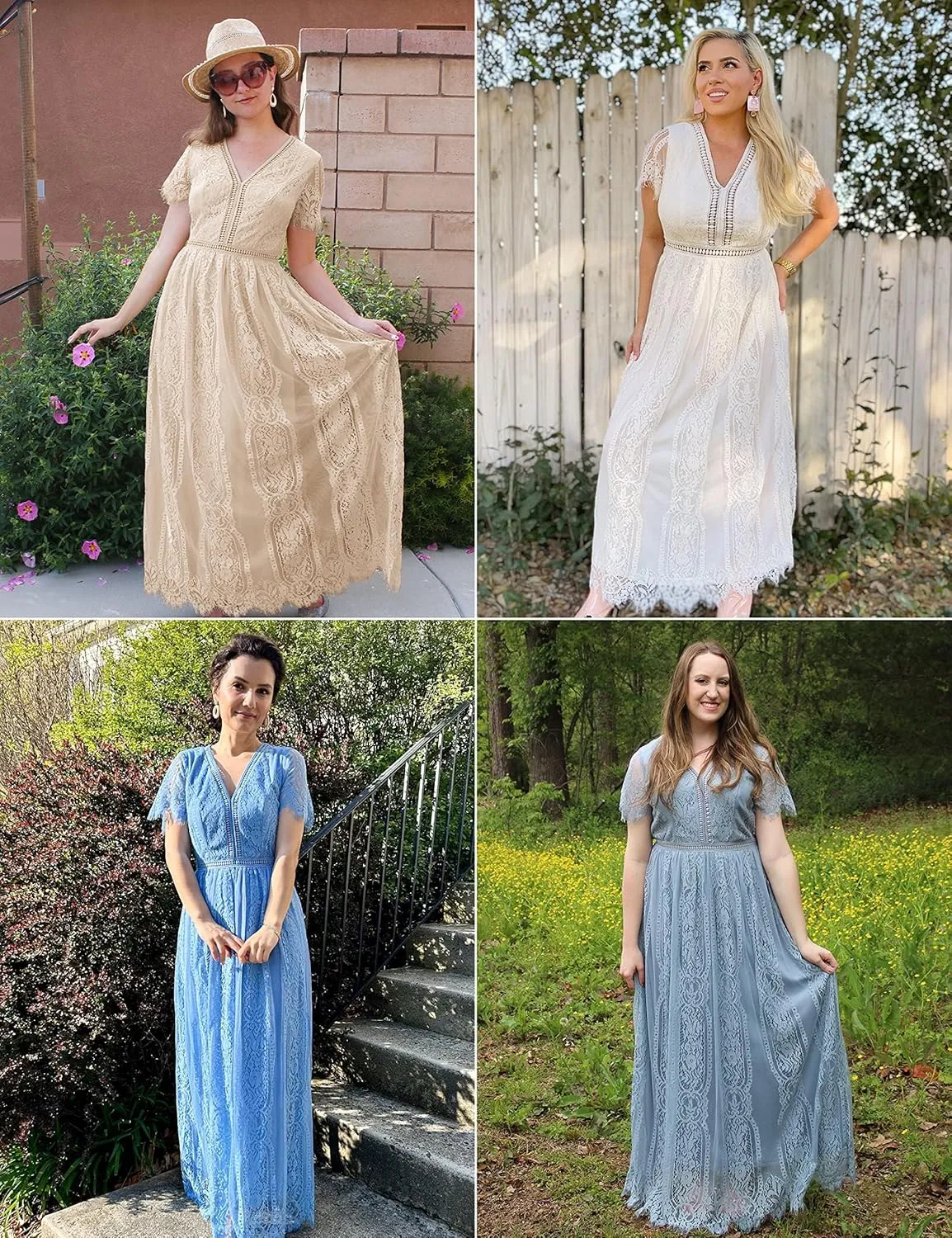 MEROKEETY Women's V Neck Short Sleeve Floral Lace Wedding Dress Bridesmaid Cocktail Party Maxi Dress
