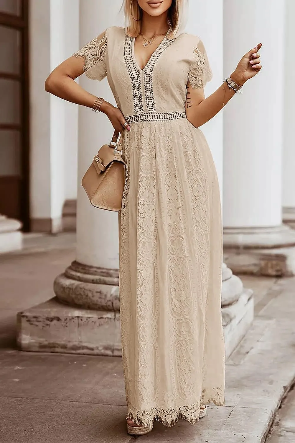 MEROKEETY Women's V Neck Short Sleeve Floral Lace Wedding Dress Bridesmaid Cocktail Party Maxi Dress