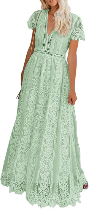 MEROKEETY Women's V Neck Short Sleeve Floral Lace Wedding Dress Bridesmaid Cocktail Party Maxi Dress