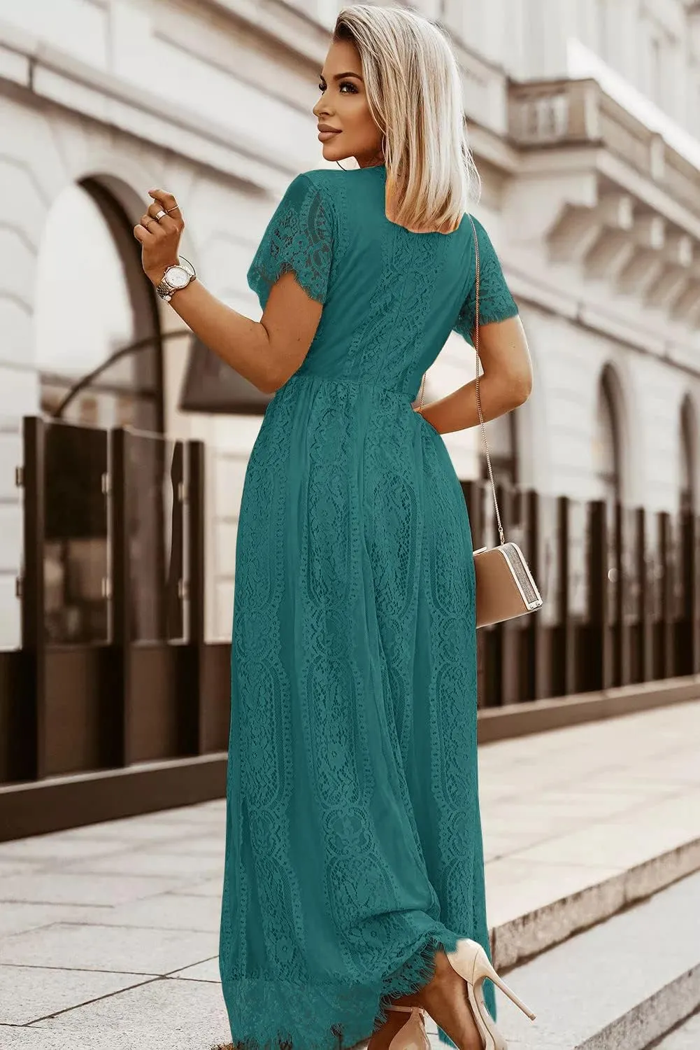 MEROKEETY Women's V Neck Short Sleeve Floral Lace Wedding Dress Bridesmaid Cocktail Party Maxi Dress