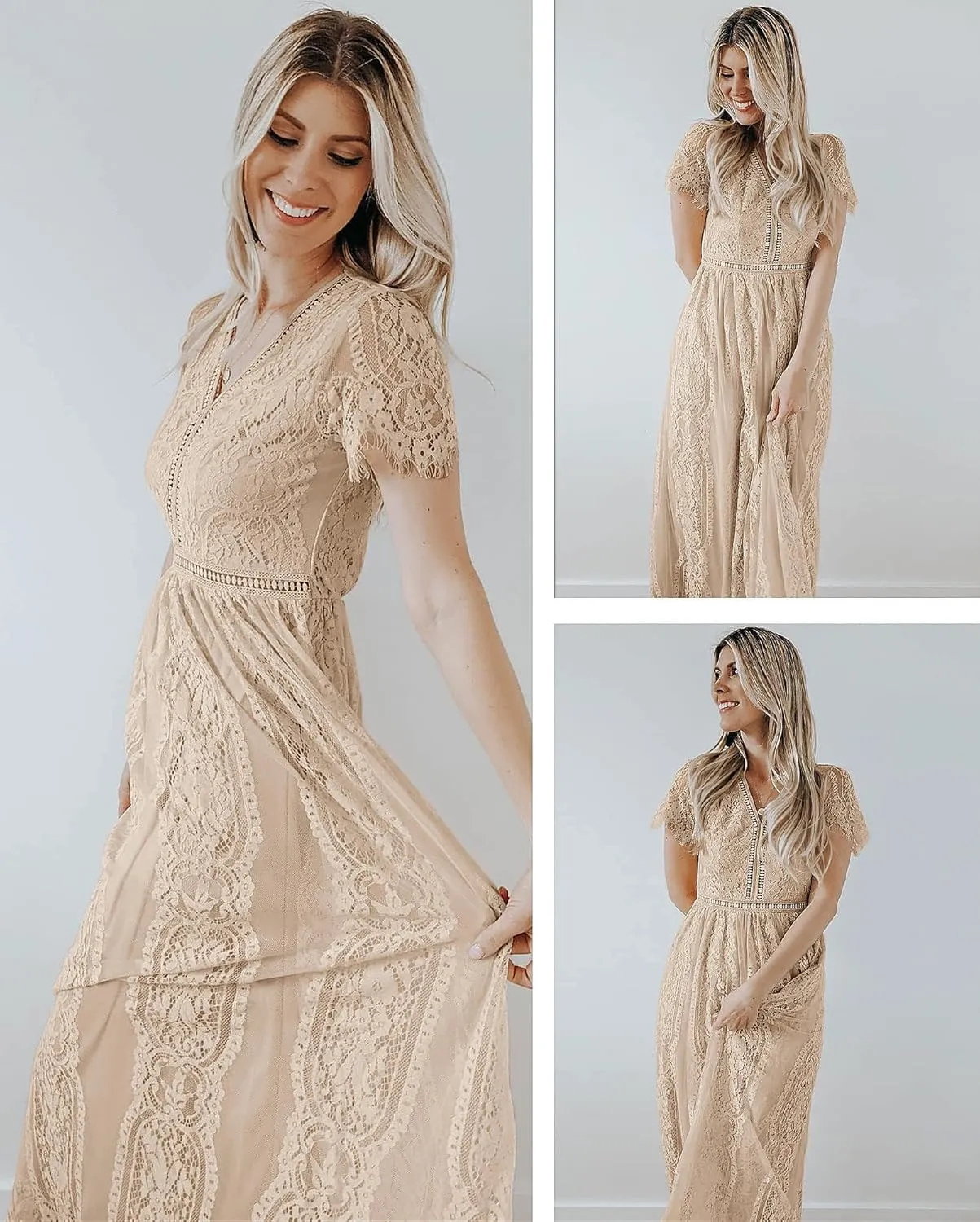 MEROKEETY Women's V Neck Short Sleeve Floral Lace Wedding Dress Bridesmaid Cocktail Party Maxi Dress