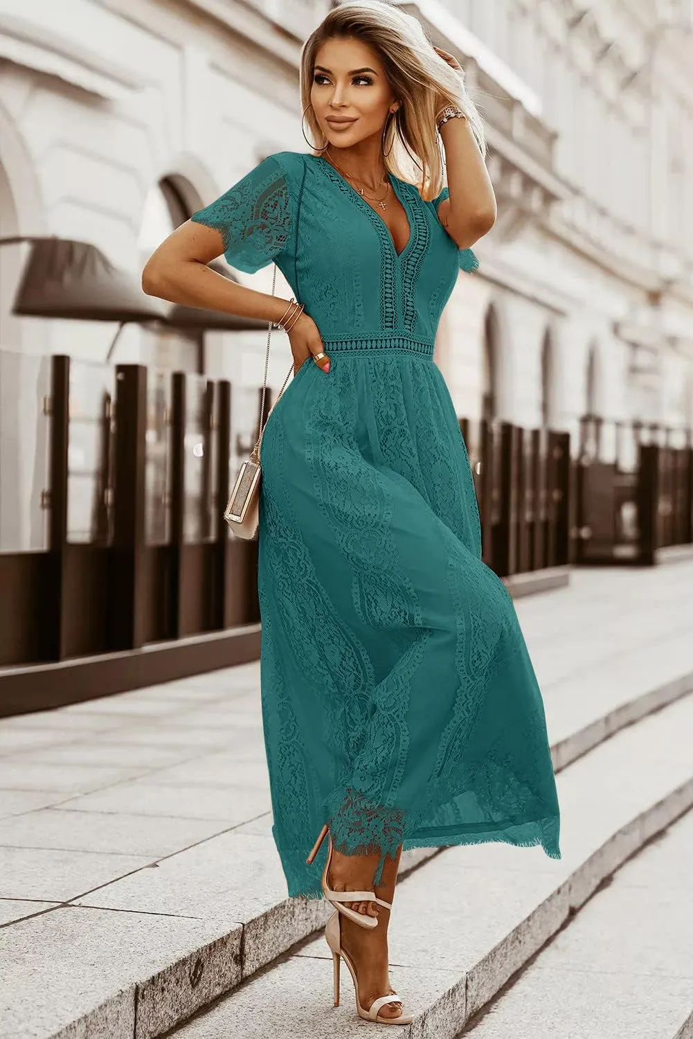 MEROKEETY Women's V Neck Short Sleeve Floral Lace Wedding Dress Bridesmaid Cocktail Party Maxi Dress