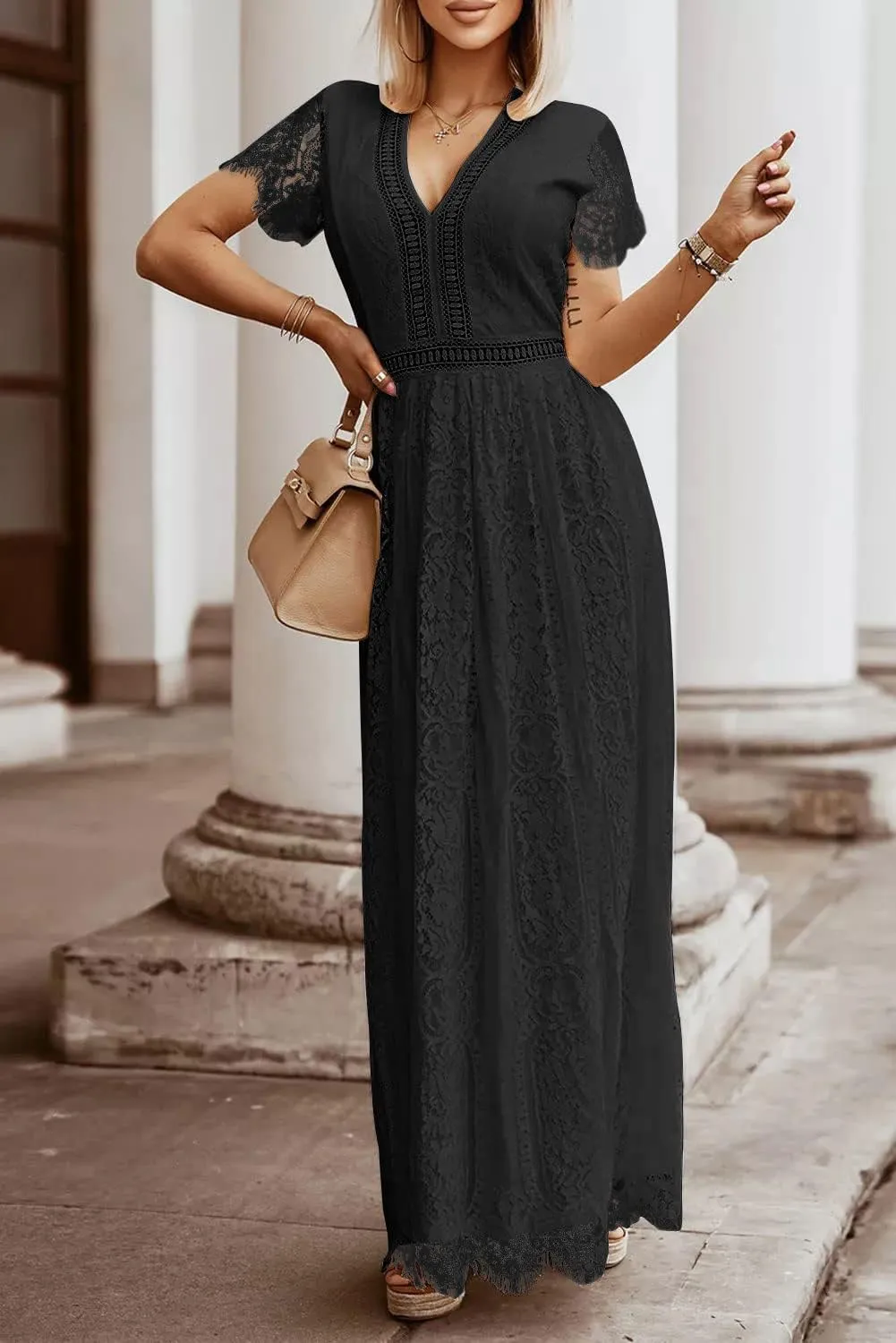 MEROKEETY Women's V Neck Short Sleeve Floral Lace Wedding Dress Bridesmaid Cocktail Party Maxi Dress
