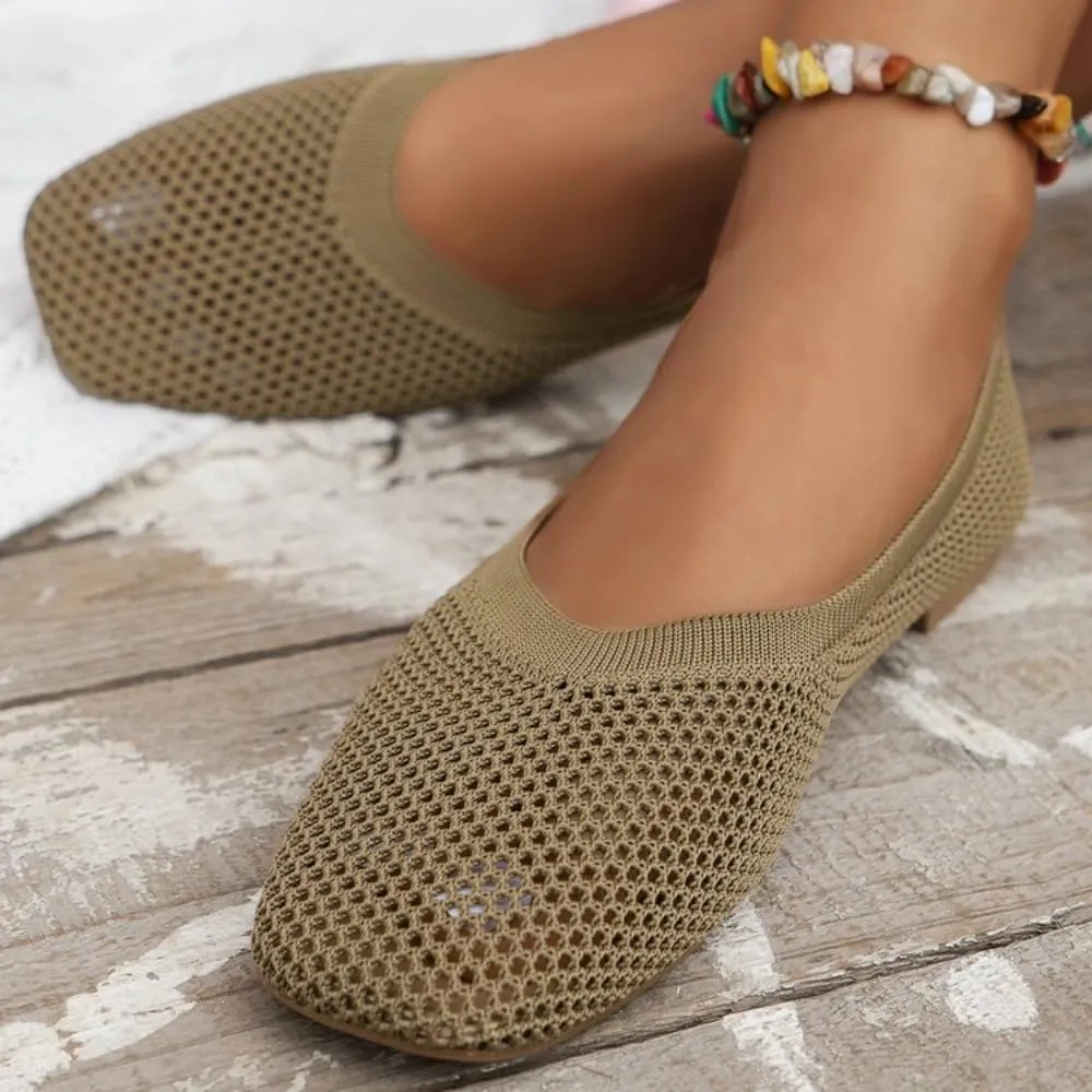 Mesh Ballet Flats for Women Low Heel Sandals Summer Slides Slip on Loafers Pumps Square Toe No Slip Comfort Sole Lightweight Breathable Low Top Cute Ballerina Dress Shoes Office Beach Party Vacation