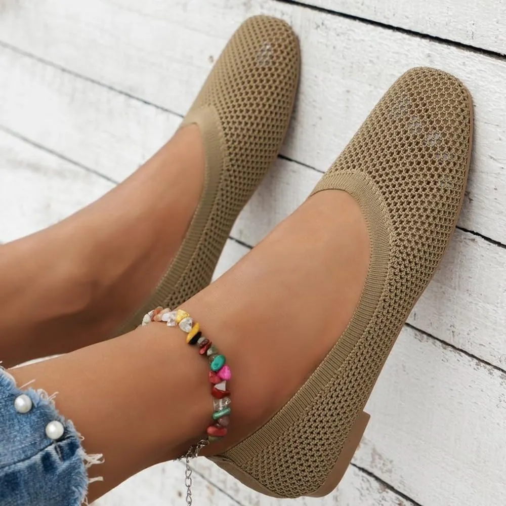 Mesh Ballet Flats for Women Low Heel Sandals Summer Slides Slip on Loafers Pumps Square Toe No Slip Comfort Sole Lightweight Breathable Low Top Cute Ballerina Dress Shoes Office Beach Party Vacation
