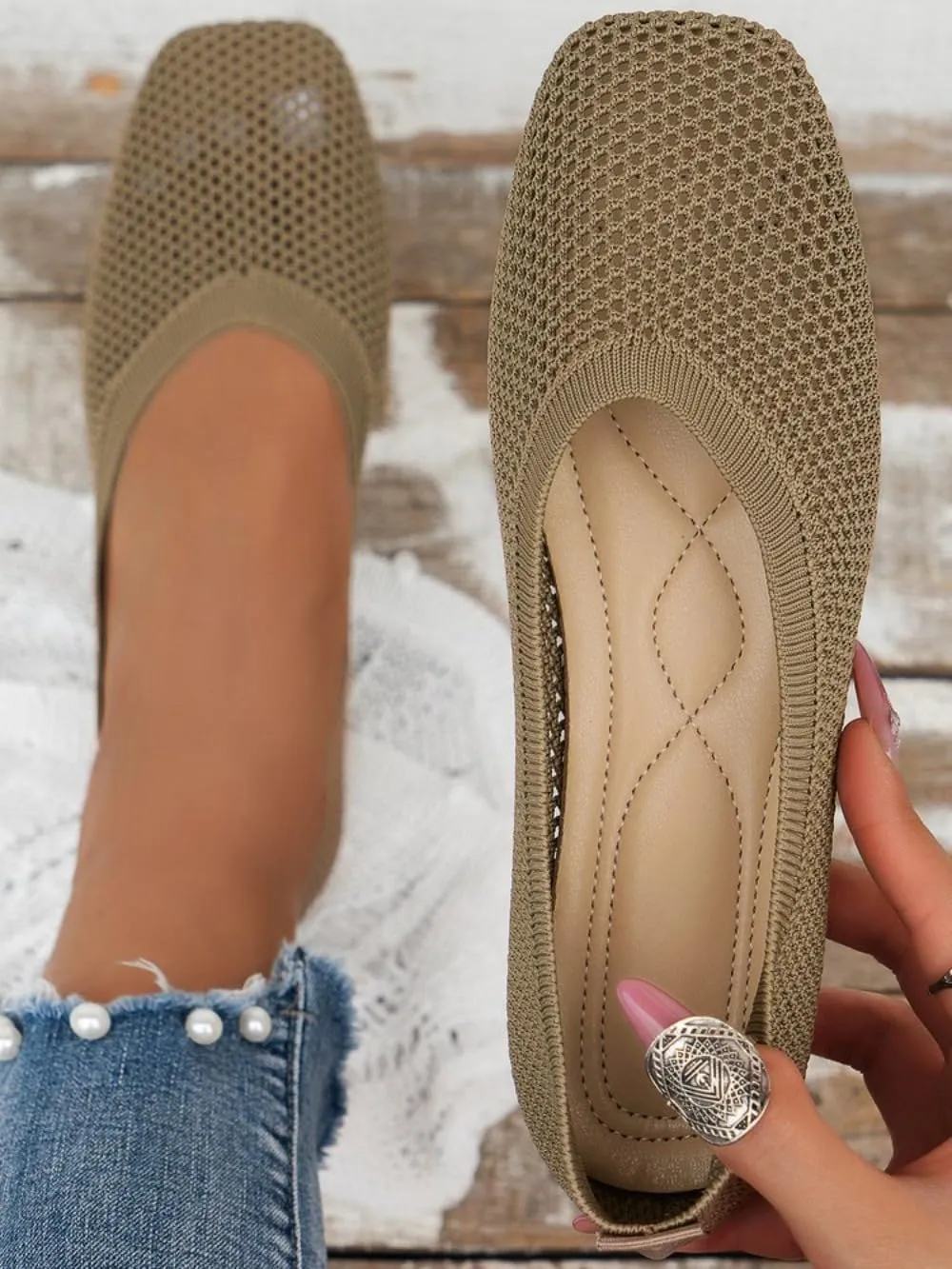 Mesh Ballet Flats for Women Low Heel Sandals Summer Slides Slip on Loafers Pumps Square Toe No Slip Comfort Sole Lightweight Breathable Low Top Cute Ballerina Dress Shoes Office Beach Party Vacation