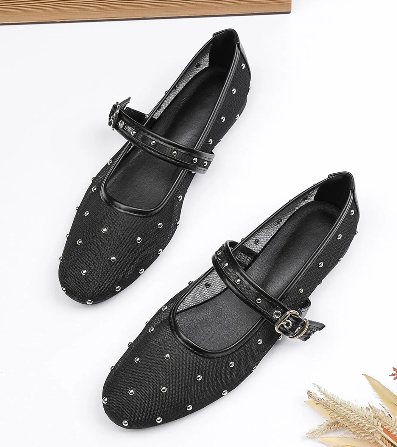 Mesh Ballet Flats Shoes for Women Comfortable Studded Mary Jane Shoes Ballerina Buckle Strap Business Office Work Dress Shoes