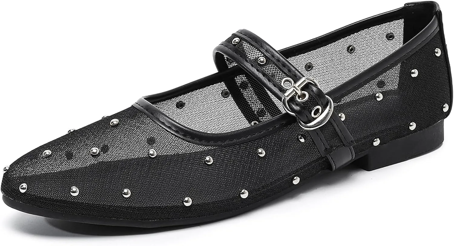 Mesh Ballet Flats Shoes for Women Comfortable Studded Mary Jane Shoes Ballerina Buckle Strap Business Office Work Dress Shoes