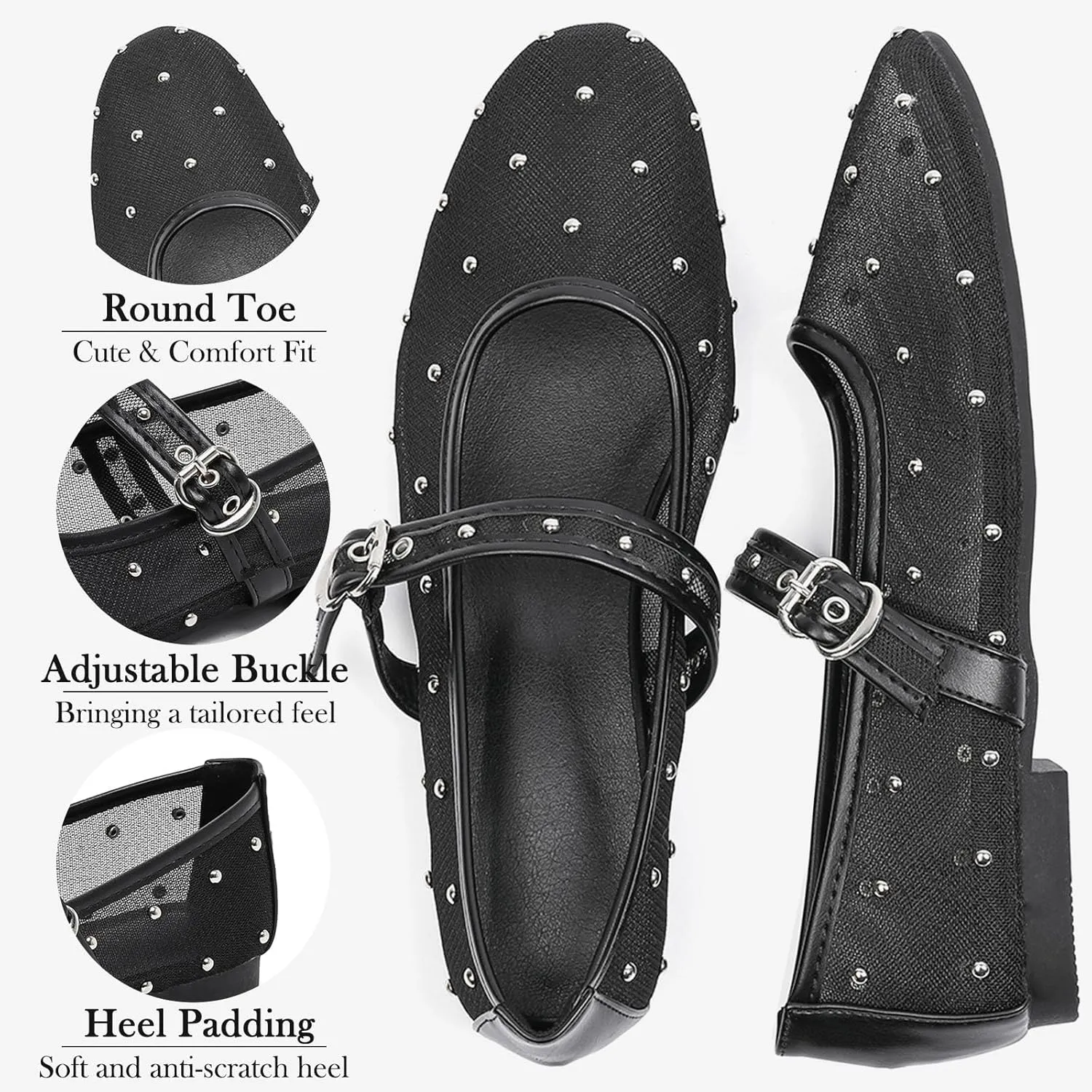 Mesh Ballet Flats Shoes for Women Comfortable Studded Mary Jane Shoes Ballerina Buckle Strap Business Office Work Dress Shoes