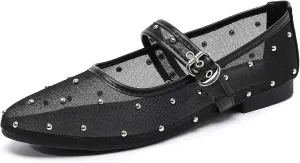 Mesh Ballet Flats Shoes for Women Comfortable Studded Mary Jane Shoes Ballerina Buckle Strap Business Office Work Dress Shoes