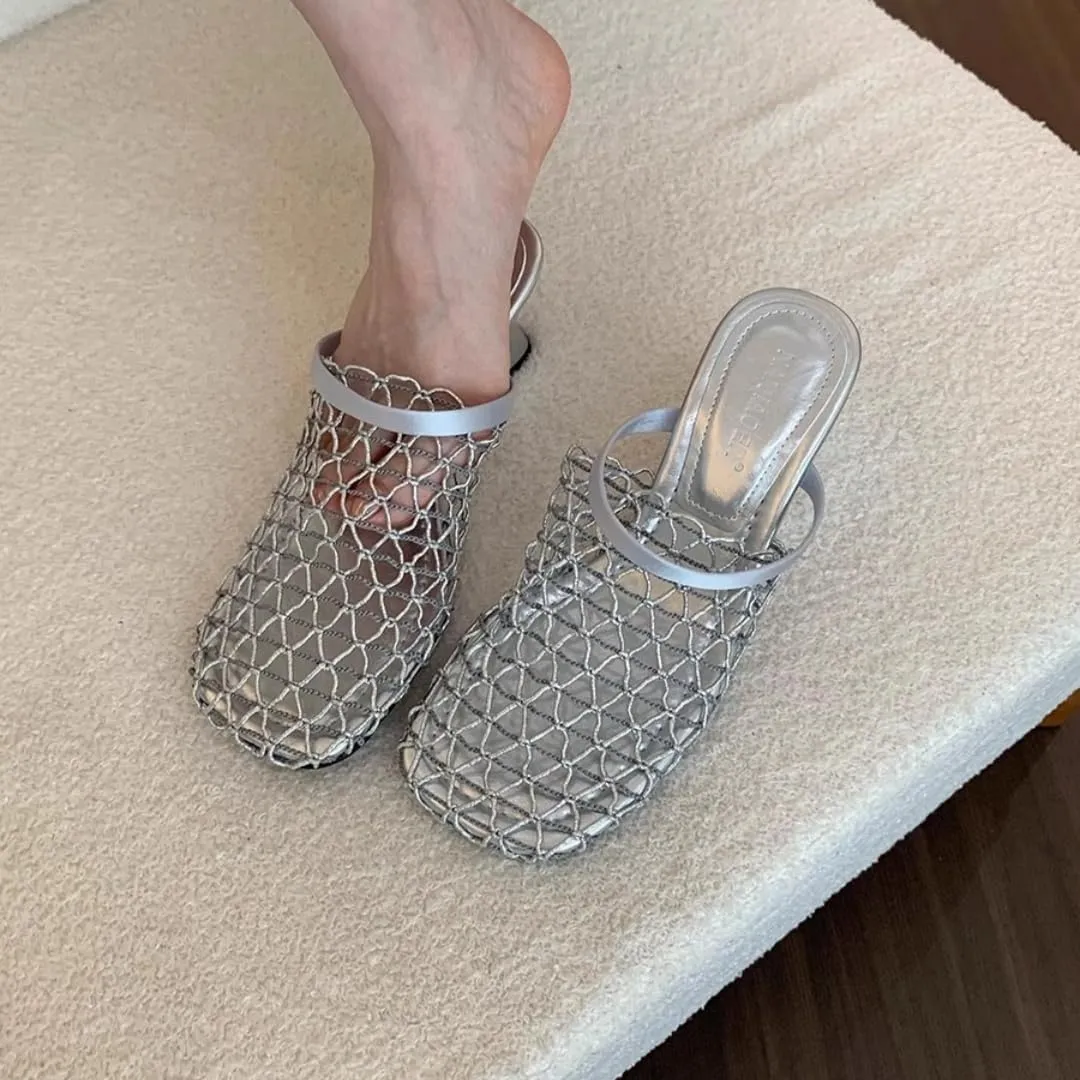 Mesh Heeled Mule Sandals for Women Square Toe Back Strap Wedge Slides Sandal Fashion Summer Beach Casual Flats Shoes