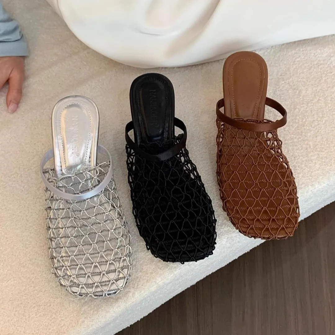 Mesh Heeled Mule Sandals for Women Square Toe Back Strap Wedge Slides Sandal Fashion Summer Beach Casual Flats Shoes