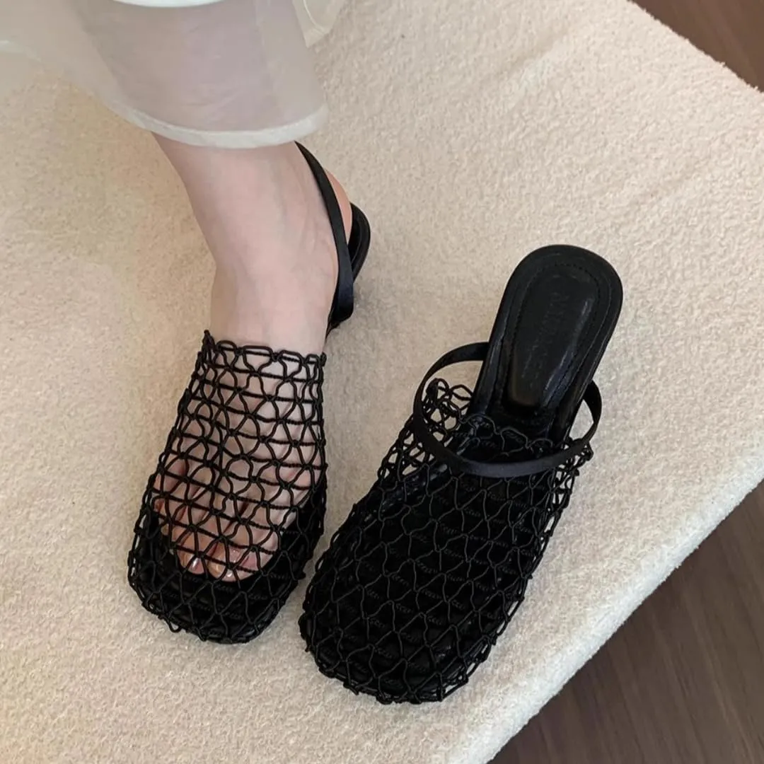 Mesh Heeled Mule Sandals for Women Square Toe Back Strap Wedge Slides Sandal Fashion Summer Beach Casual Flats Shoes