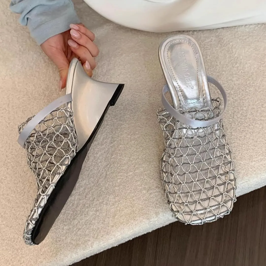Mesh Heeled Mule Sandals for Women Square Toe Back Strap Wedge Slides Sandal Fashion Summer Beach Casual Flats Shoes
