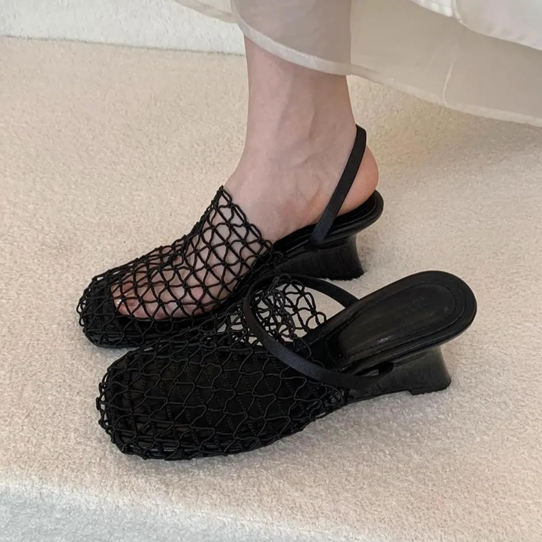 Mesh Heeled Mule Sandals for Women Square Toe Back Strap Wedge Slides Sandal Fashion Summer Beach Casual Flats Shoes