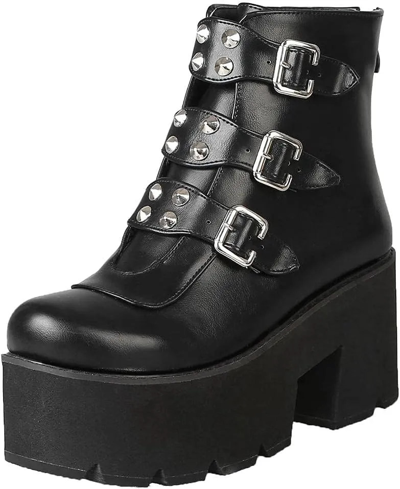 mikarka Goth Ankle Boots for Women, Zipper Studded Chain Mid Chunky Heel Platform Combat Ankle Booties Motorcycle Riding Mid Calf Boots