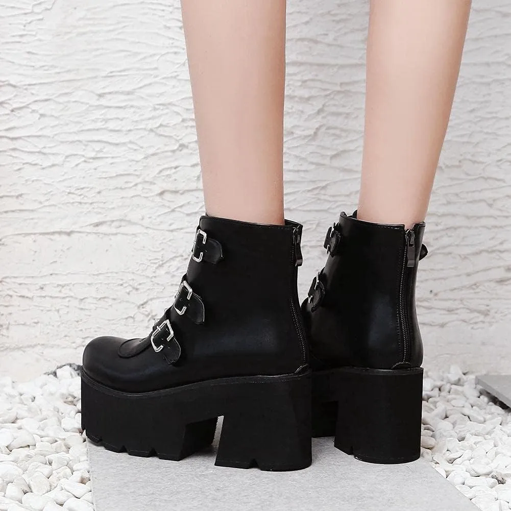 mikarka Goth Ankle Boots for Women, Zipper Studded Chain Mid Chunky Heel Platform Combat Ankle Booties Motorcycle Riding Mid Calf Boots