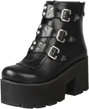 mikarka Goth Ankle Boots for Women, Zipper Studded Chain Mid Chunky Heel Platform Combat Ankle Booties Motorcycle Riding Mid Calf Boots