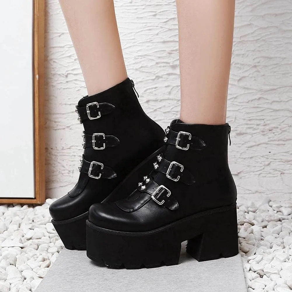 mikarka Goth Ankle Boots for Women, Zipper Studded Chain Mid Chunky Heel Platform Combat Ankle Booties Motorcycle Riding Mid Calf Boots