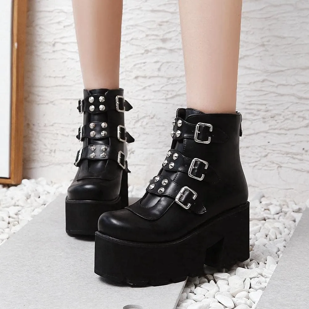 mikarka Goth Ankle Boots for Women, Zipper Studded Chain Mid Chunky Heel Platform Combat Ankle Booties Motorcycle Riding Mid Calf Boots